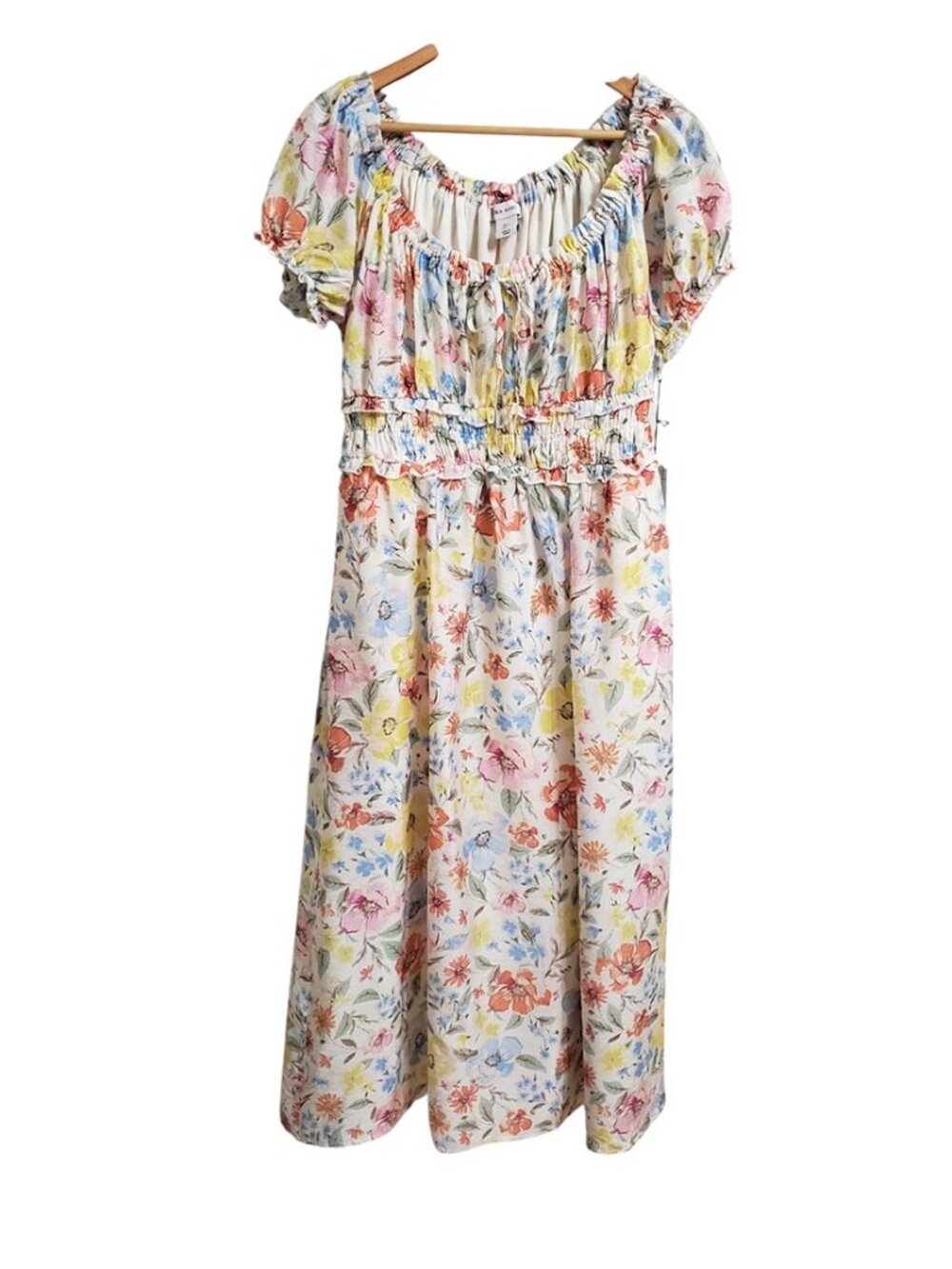 Laura Ashley Womens Midi Dress L Floral Short Sleeve Smocked Waist Cottagecore - Picture 2 of 11